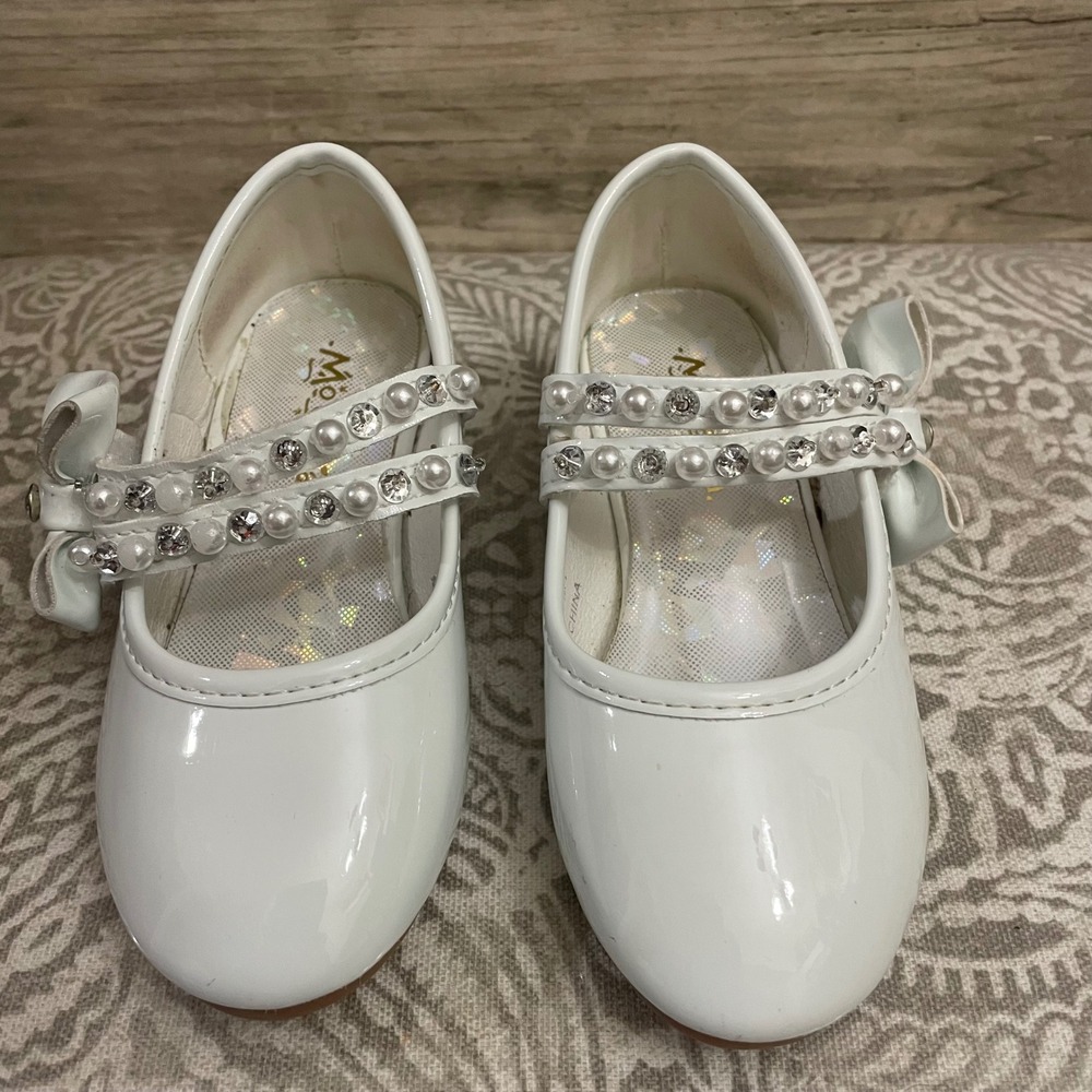 White Pearl Rhinestone Mary Jane Dress Shoes Bow‎ Toddler Girl Formal Party sz 7